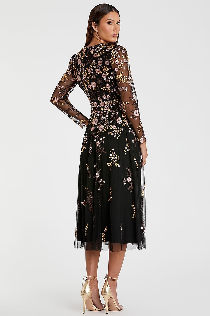 Black Mesh Embroidered A-Line Midi Party Wear Dress by Mac Duggal at Pernia's Pop Up Shop