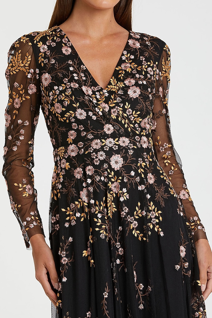 Black Mesh Embroidered A-Line Midi Party Wear Dress by Mac Duggal at Pernia's Pop Up Shop