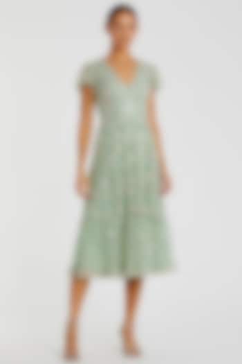Sage Green Mesh Embroidered Midi Dress by Mac Duggal at Pernia's Pop Up Shop