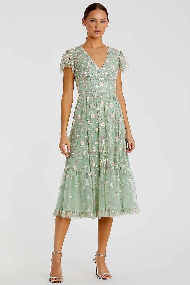 Sage Green Mesh Embroidered Midi Dress by Mac Duggal at Pernia's Pop Up Shop