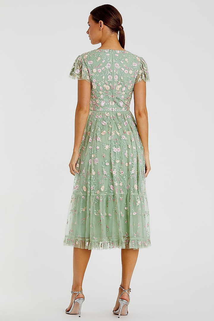 Sage Green Mesh Embroidered Midi Party Wear Dress by Mac Duggal at Pernia's Pop Up Shop