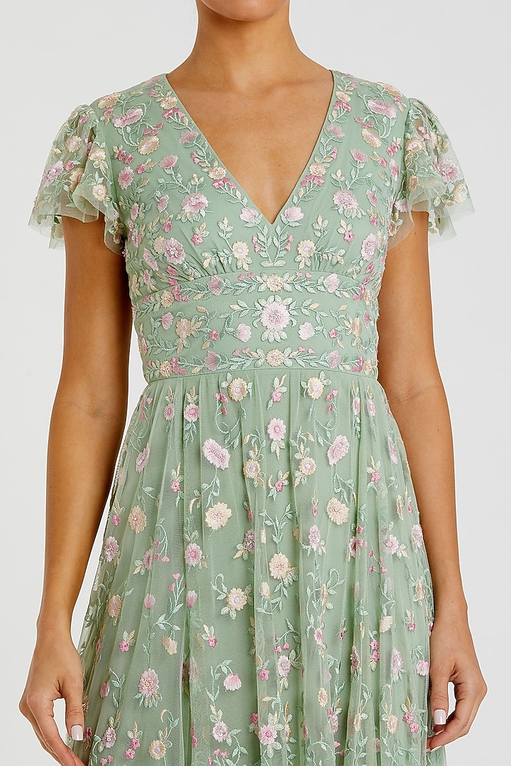 Sage Green Mesh Embroidered Midi Party Wear Dress by Mac Duggal at Pernia's Pop Up Shop