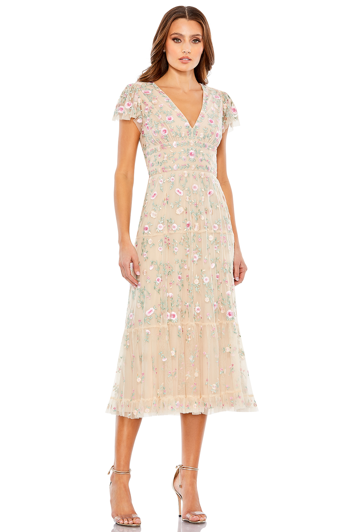 Beige Mesh Embroidered Midi Dress by Mac Duggal at Pernia's Pop Up Shop