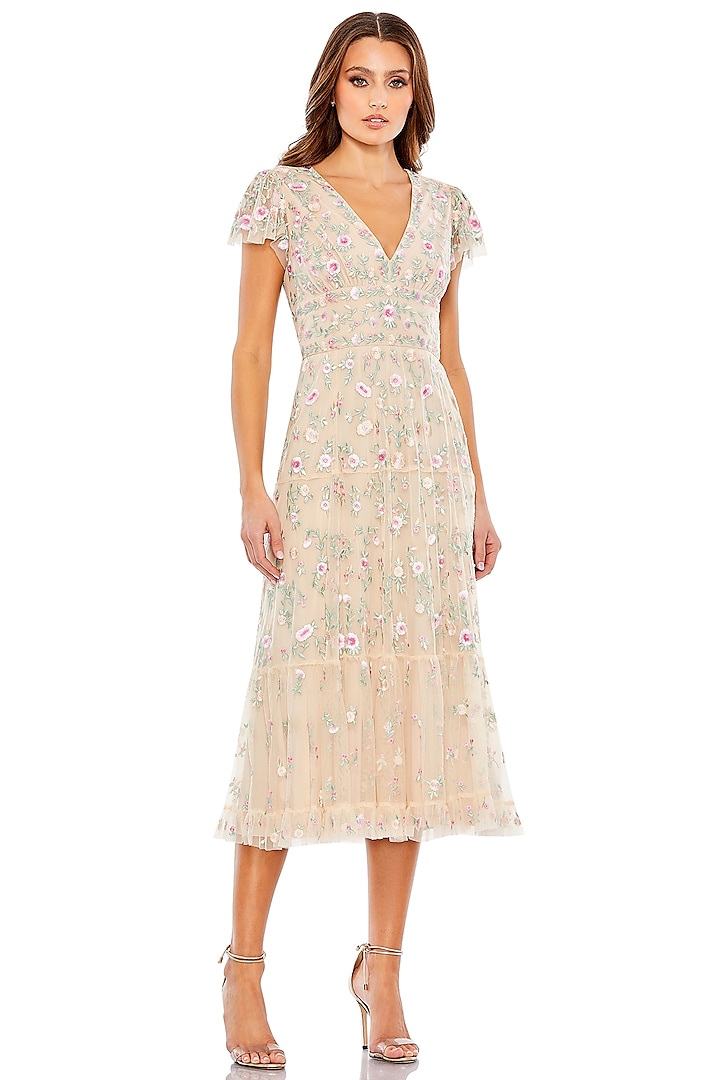 Beige Mesh Embroidered Midi Dress by Mac Duggal at Pernia's Pop Up Shop