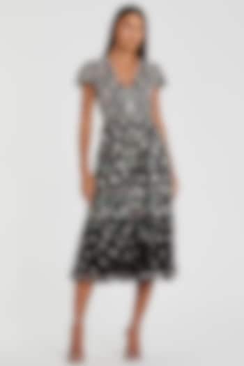 Black Mesh Embroidered Midi Party Wear Dress by Mac Duggal at Pernia's Pop Up Shop