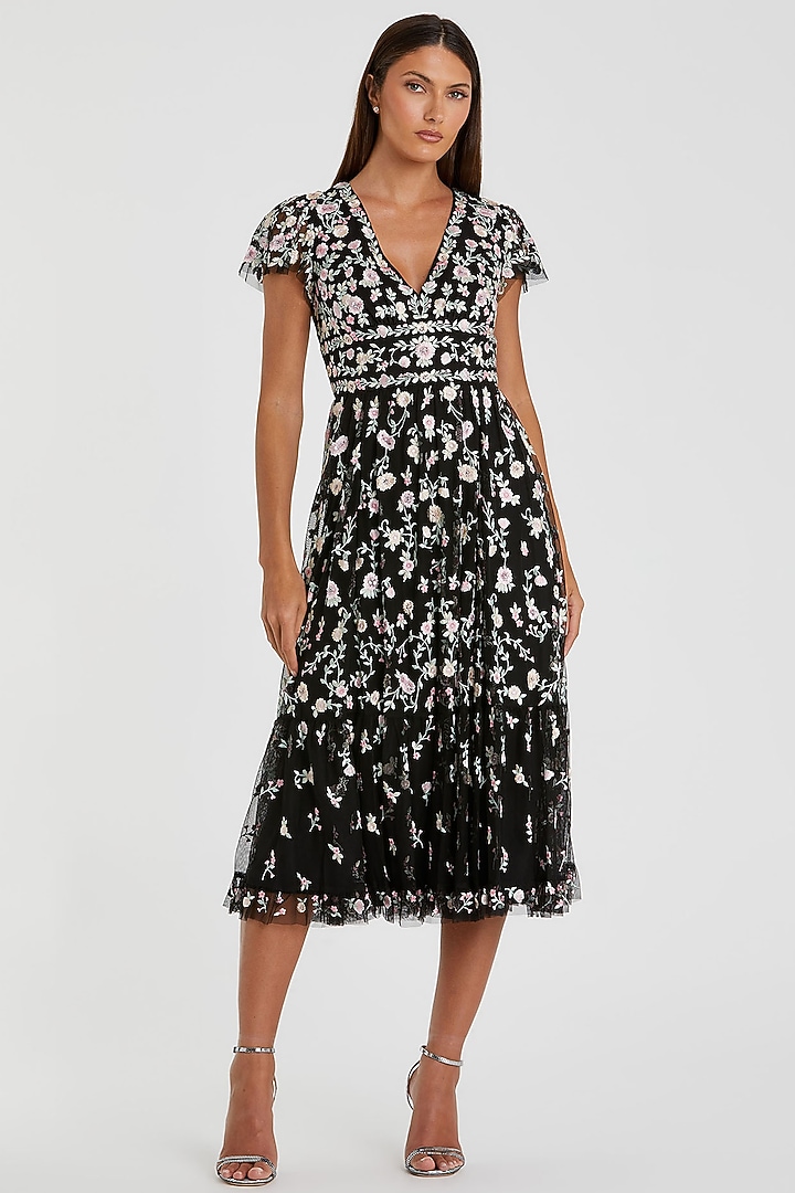 Black Mesh Embroidered Midi Party Wear Dress by Mac Duggal at Pernia's Pop Up Shop