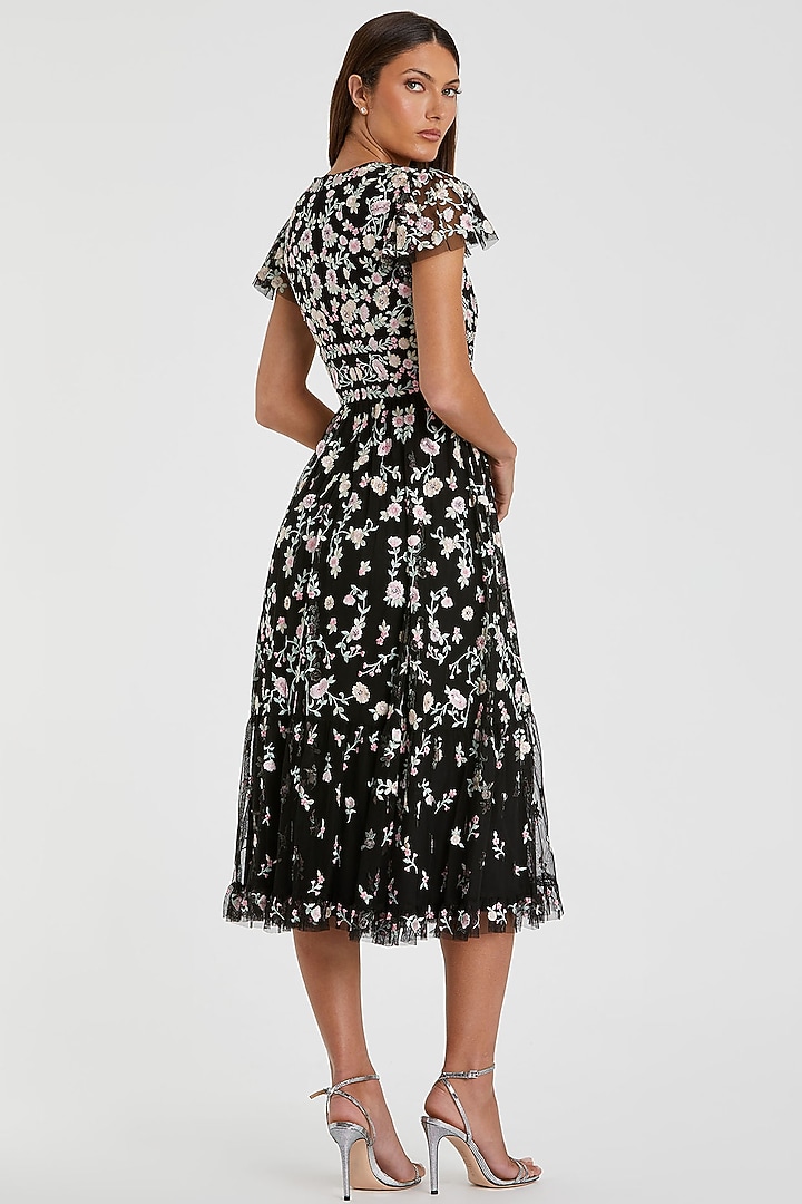 Black Mesh Embroidered Midi Party Wear Dress by Mac Duggal at Pernia's Pop Up Shop