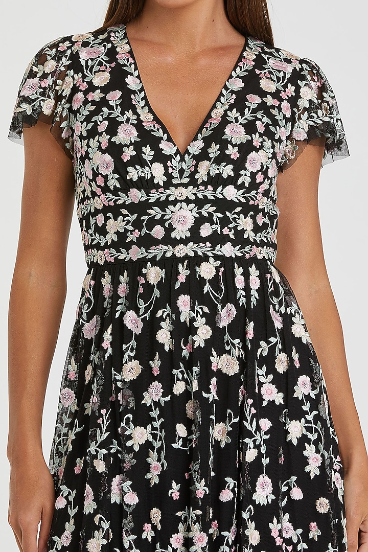 Black Mesh Embroidered Midi Party Wear Dress by Mac Duggal at Pernia's Pop Up Shop