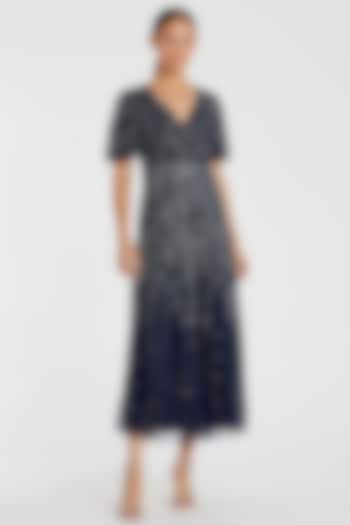 Midnight Blue Mesh Embroidered Midi Dress by Mac Duggal at Pernia's Pop Up Shop