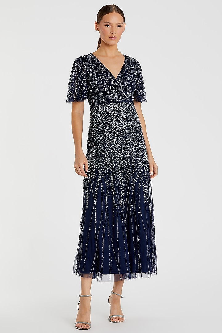 Midnight Blue Mesh Embroidered Midi Dress by Mac Duggal at Pernia's Pop Up Shop
