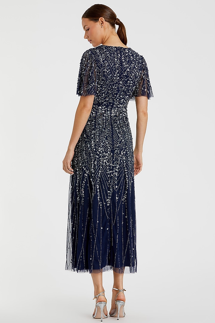 Midnight Blue Mesh Embroidered Midi Party Wear Dress by Mac Duggal at Pernia's Pop Up Shop
