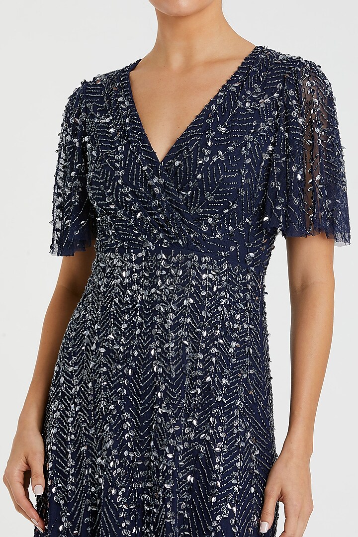 Midnight Blue Mesh Embroidered Midi Party Wear Dress by Mac Duggal at Pernia's Pop Up Shop