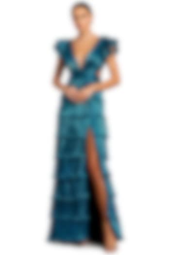 Blue Metallic Plisse Tiered Ruffled Engagement Gown by Mac Duggal at Pernia's Pop Up Shop