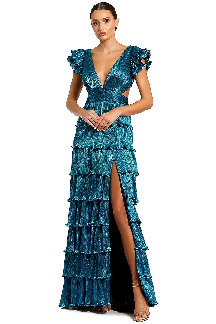 Blue Metallic Plisse Tiered Ruffled Engagement Gown by Mac Duggal at Pernia's Pop Up Shop