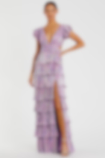 Purple Metallic Plisse Tiered Ruffled Engagement Gown by Mac Duggal at Pernia's Pop Up Shop