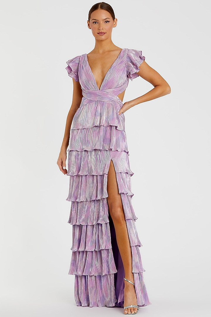 Purple Metallic Plisse Tiered Ruffled Engagement Gown by Mac Duggal at Pernia's Pop Up Shop