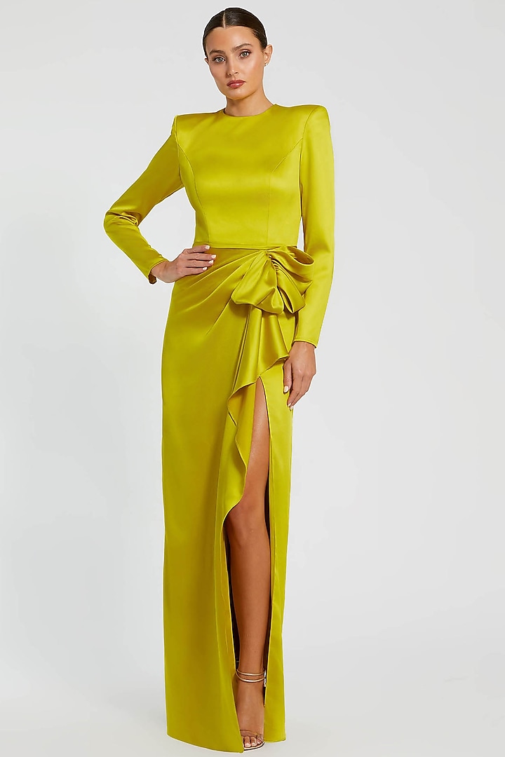 Chartreuse Green Satin Engagement Gown by Mac Duggal at Pernia's Pop Up Shop