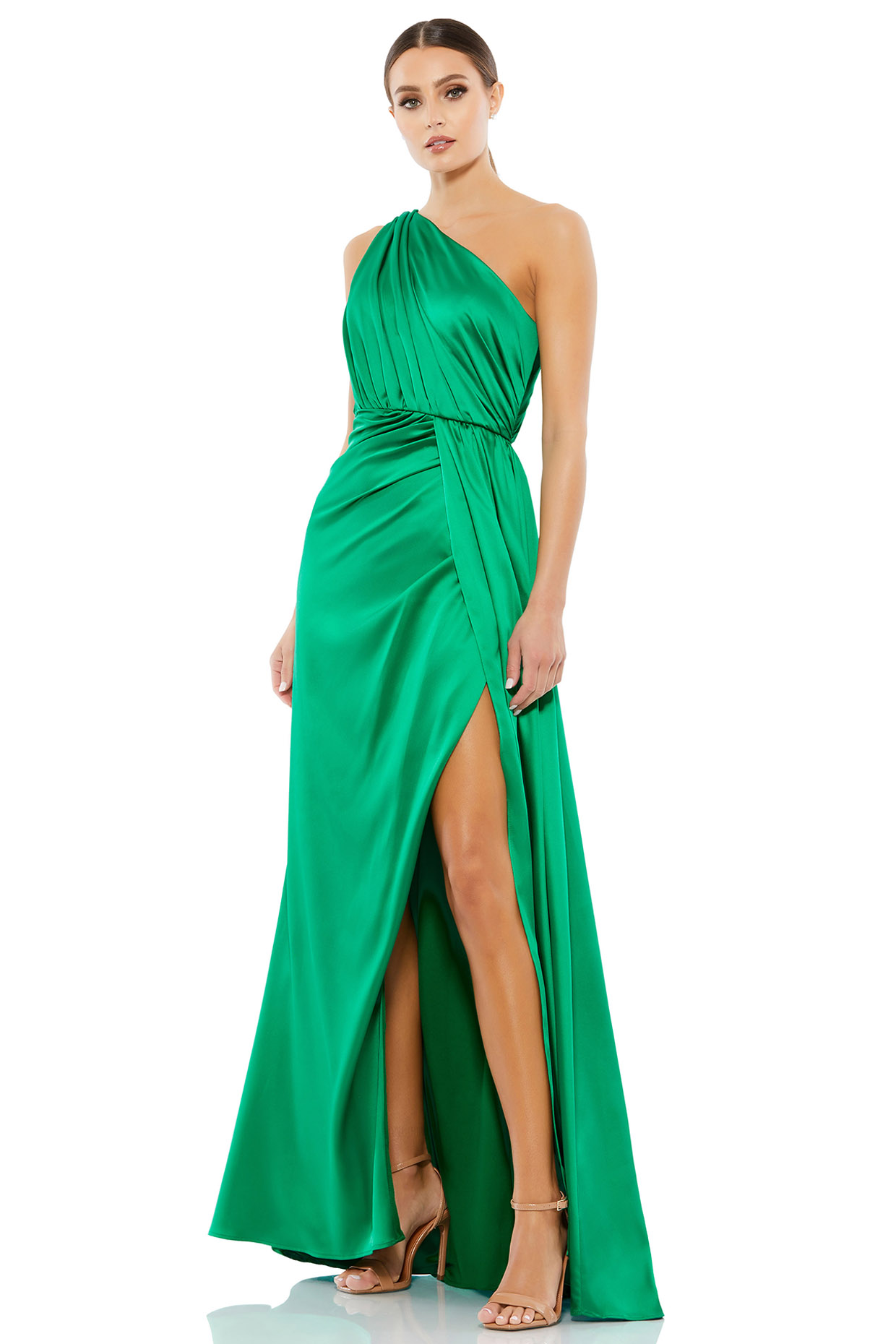 Emerald Green Satin Draped Engagement Gown by Mac Duggal at Pernia's Pop Up Shop