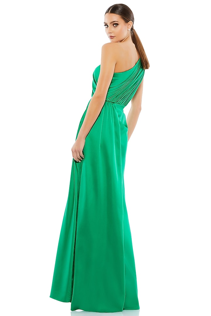 Emerald Green Satin Draped Engagement Gown by Mac Duggal at Pernia's Pop Up Shop