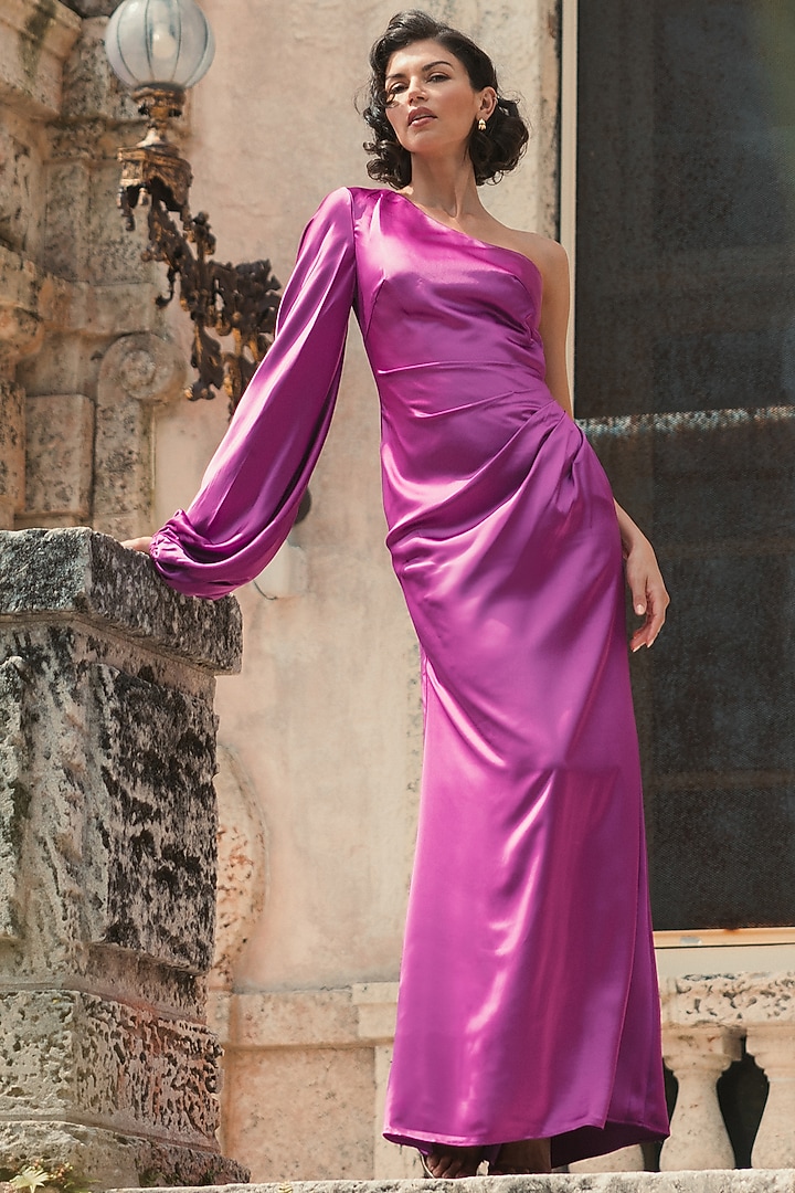 Orchid Purple Satin One-Shoulder Engagement Gown by Mac Duggal at Pernia's Pop Up Shop