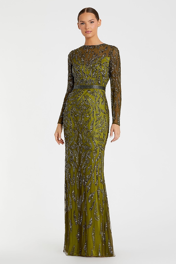 Olive Green Polyester Beads Embroidered Engagement Gown by Mac Duggal at Pernia's Pop Up Shop