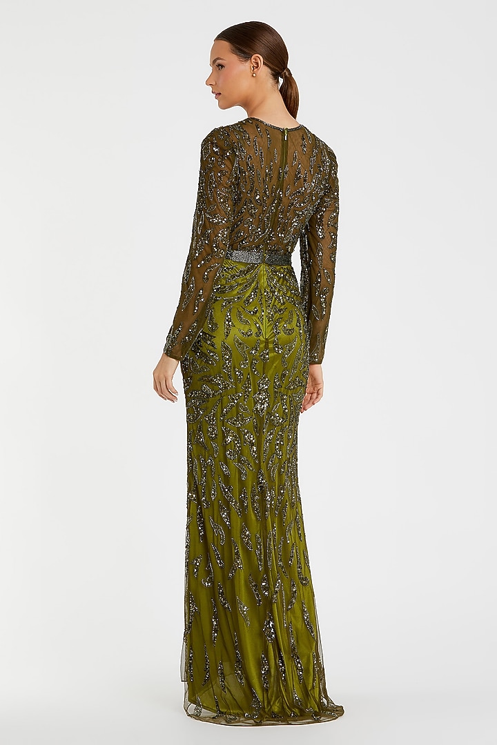 Olive Green Polyester Beads Embroidered Engagement Gown by Mac Duggal at Pernia's Pop Up Shop