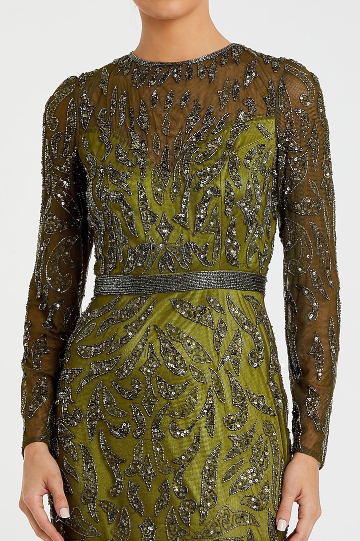 Olive Green Polyester Beads Embroidered Engagement Gown by Mac Duggal at Pernia's Pop Up Shop