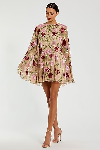Nude Polyester Embroidered Mini Dress by Mac Duggal