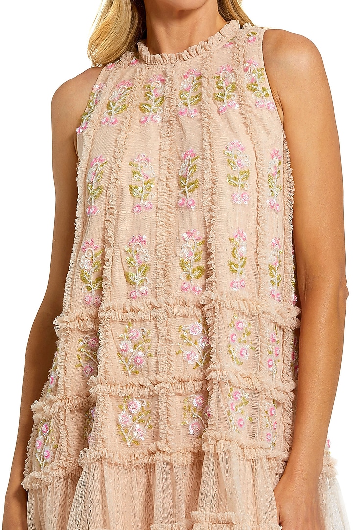 Nude Polyester Embroidered Ruffled Cocktail Dress by Mac Duggal at Pernia's Pop Up Shop
