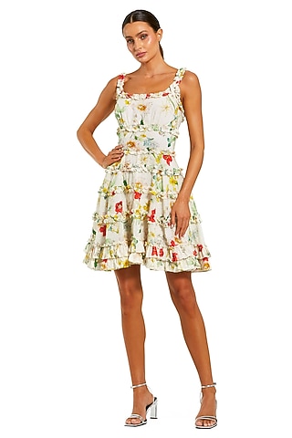 Cream Polyester Floral Embroidered Mini Dress by Mac Duggal