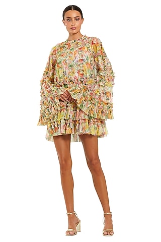 Cream Polyester Printed Ruffled Mini Dress by Mac Duggal