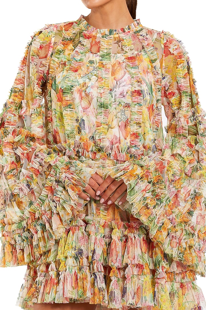 Cream Polyester Printed Ruffled Mini Cocktail Dress by Mac Duggal at Pernia's Pop Up Shop