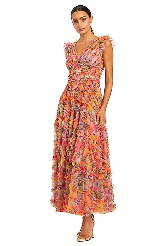Multi-Colored Polyester Floral Embellished Ankle Dress by Mac Duggal