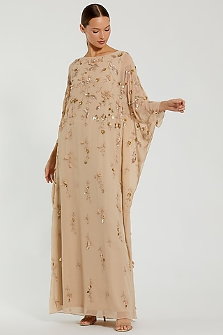Nude Polyester Embellished Maxi Dress by Mac Duggal