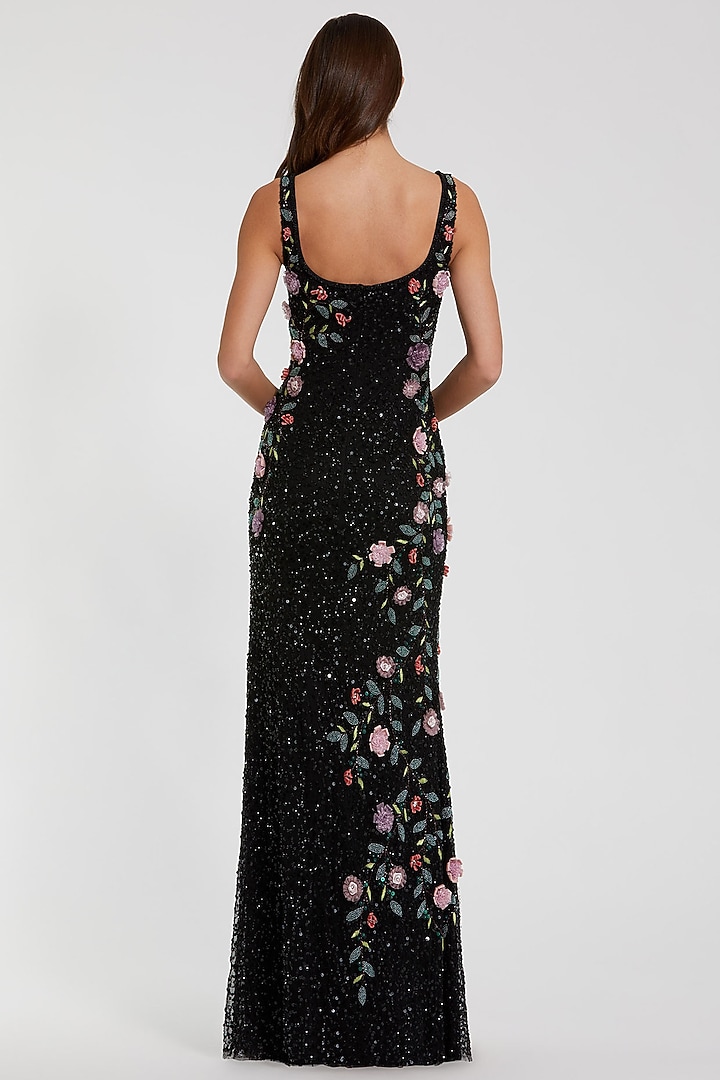 Black Polyester Floral Bead Embroidered Engagement Gown by Mac Duggal at Pernia's Pop Up Shop