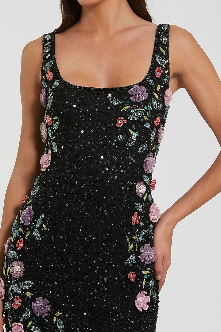 Black Polyester Floral Bead Embroidered Engagement Gown by Mac Duggal at Pernia's Pop Up Shop