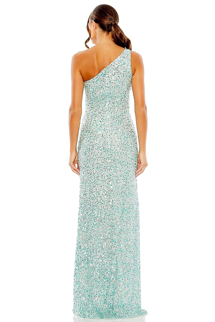 Aqua Polyester Sequin Embellished One-Shoulder Engagement Gown by Mac Duggal at Pernia's Pop Up Shop