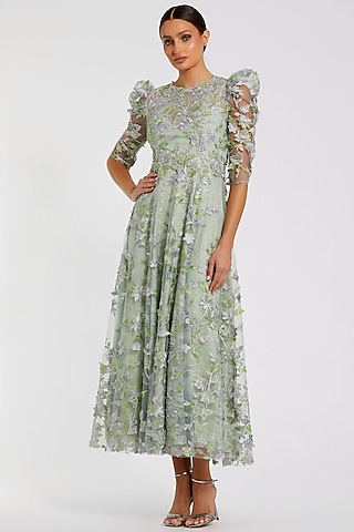 Green Polyester Applique Embroidered Maxi Dress by Mac Duggal