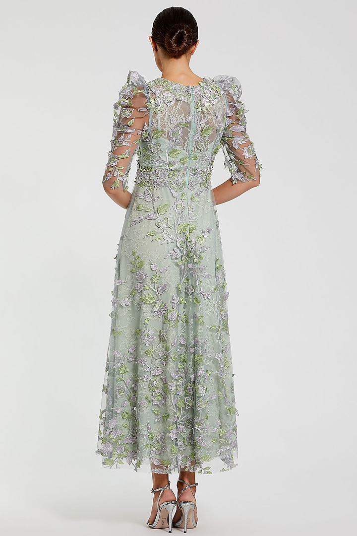 Green Polyester Applique Embroidered Maxi Party Wear Dress by Mac Duggal at Pernia's Pop Up Shop