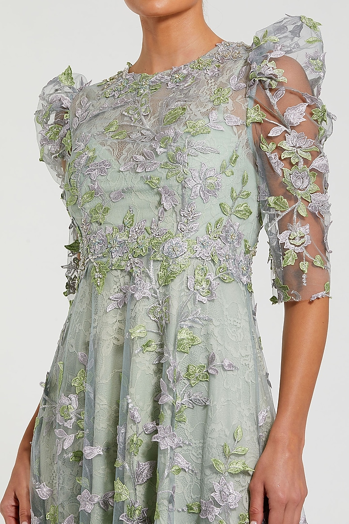 Green Polyester Applique Embroidered Maxi Party Wear Dress by Mac Duggal at Pernia's Pop Up Shop