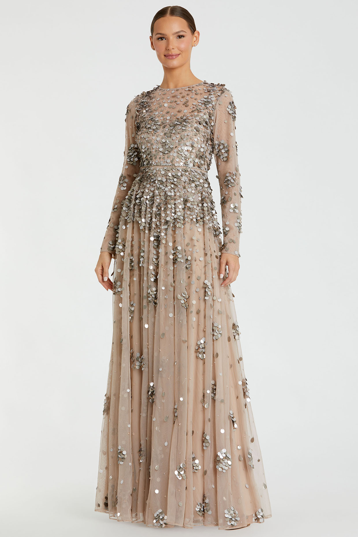 Nude Polyester Embellished A-Line Gown by Mac Duggal at Pernia's Pop Up Shop