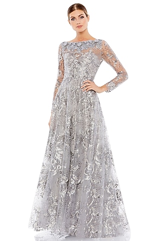 Silver Polyester Floral Embroidered Gown by Mac Duggal