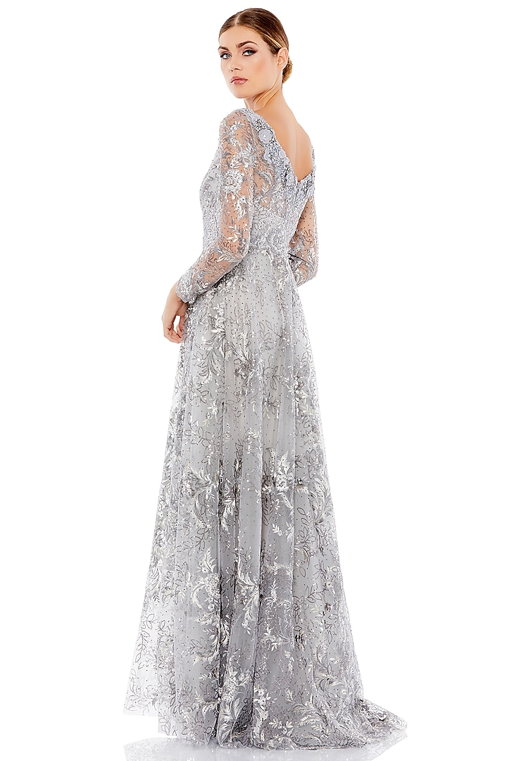 Silver Polyester Floral Embroidered Engagement Gown by Mac Duggal at Pernia's Pop Up Shop