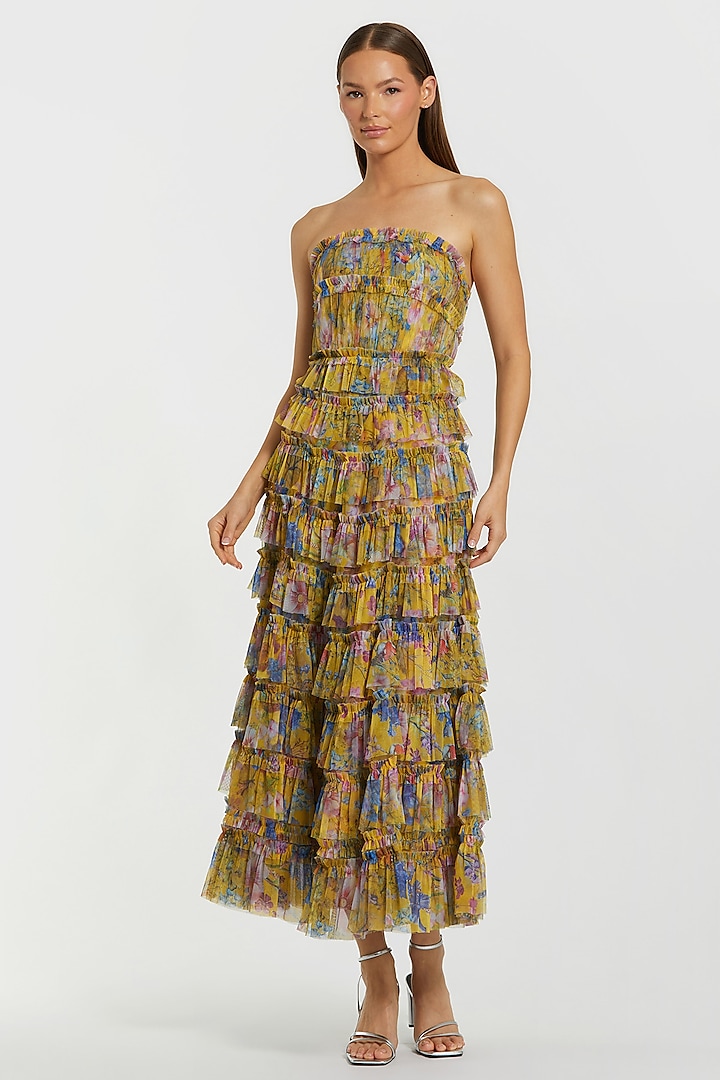 Yellow Polyester Ruffled Midi Dress by Mac Duggal at Pernia's Pop Up Shop