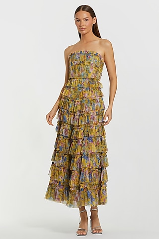 Yellow Polyester Ruffled Midi Dress by Mac Duggal