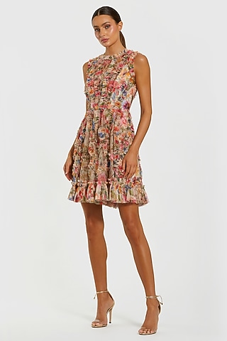 Multi-Colored Mesh Floral Printed Mini Dress by Mac Duggal