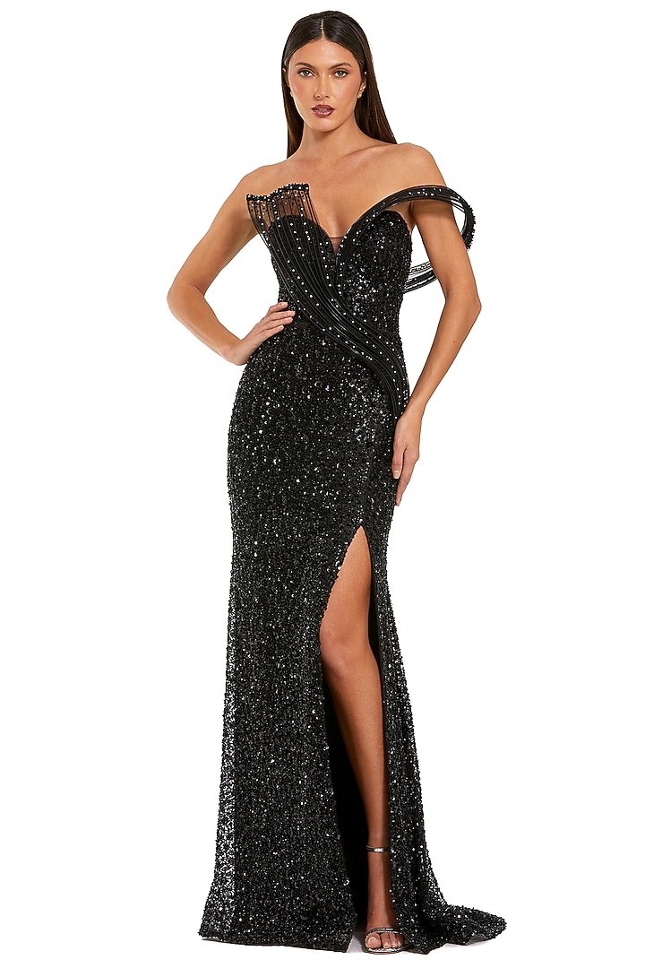 Black Polyester Embellished Bridal Gown by Mac Duggal at Pernia's Pop Up Shop