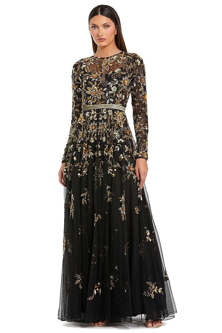 Black & Gold Polyester Embellished Wedding Gown by Mac Duggal at Pernia's Pop Up Shop