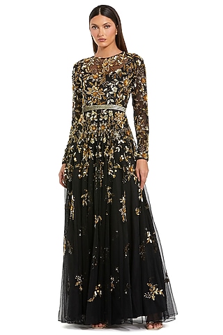 Black & Gold Polyester Embellished Gown by Mac Duggal