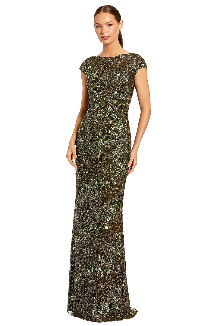 Olive Polyester Embellished Engagement Gown by Mac Duggal at Pernia's Pop Up Shop